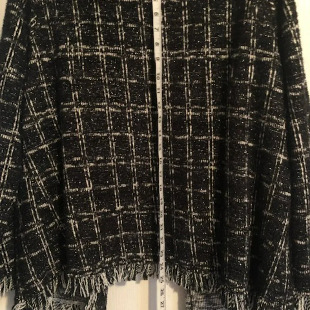 Plaid Boucle Jacket with Fringe Open Front Black Silver Sparkle Joan Rivers 1x - Picture 3 of 3